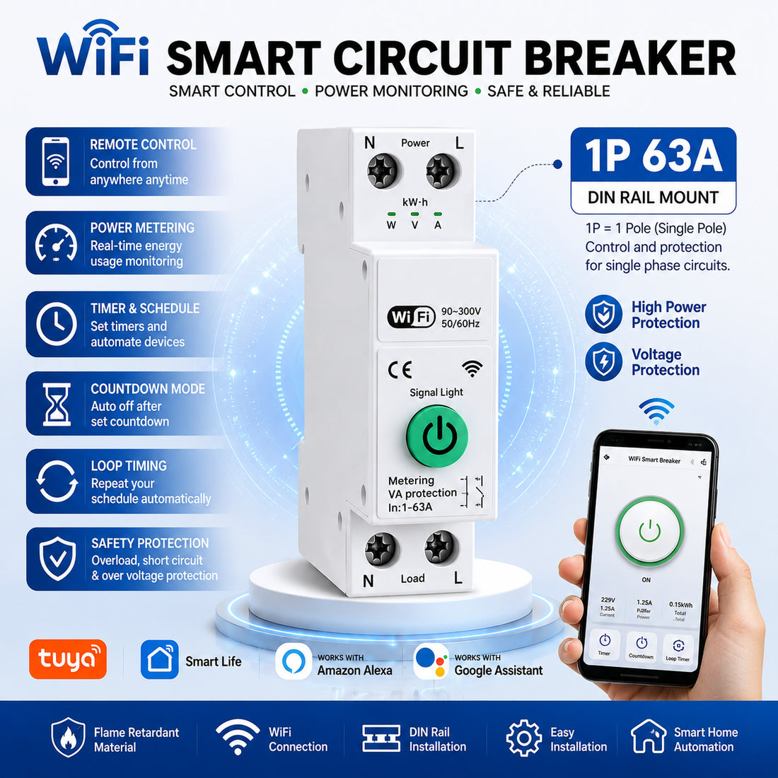Smart WiFi Circuit Breaker 1P 63A with Power Monitoring